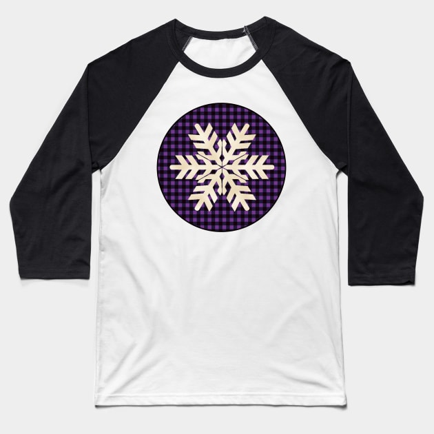 Snowflake silhouette over a black and violet tile pattern Baseball T-Shirt by AtelierRillian